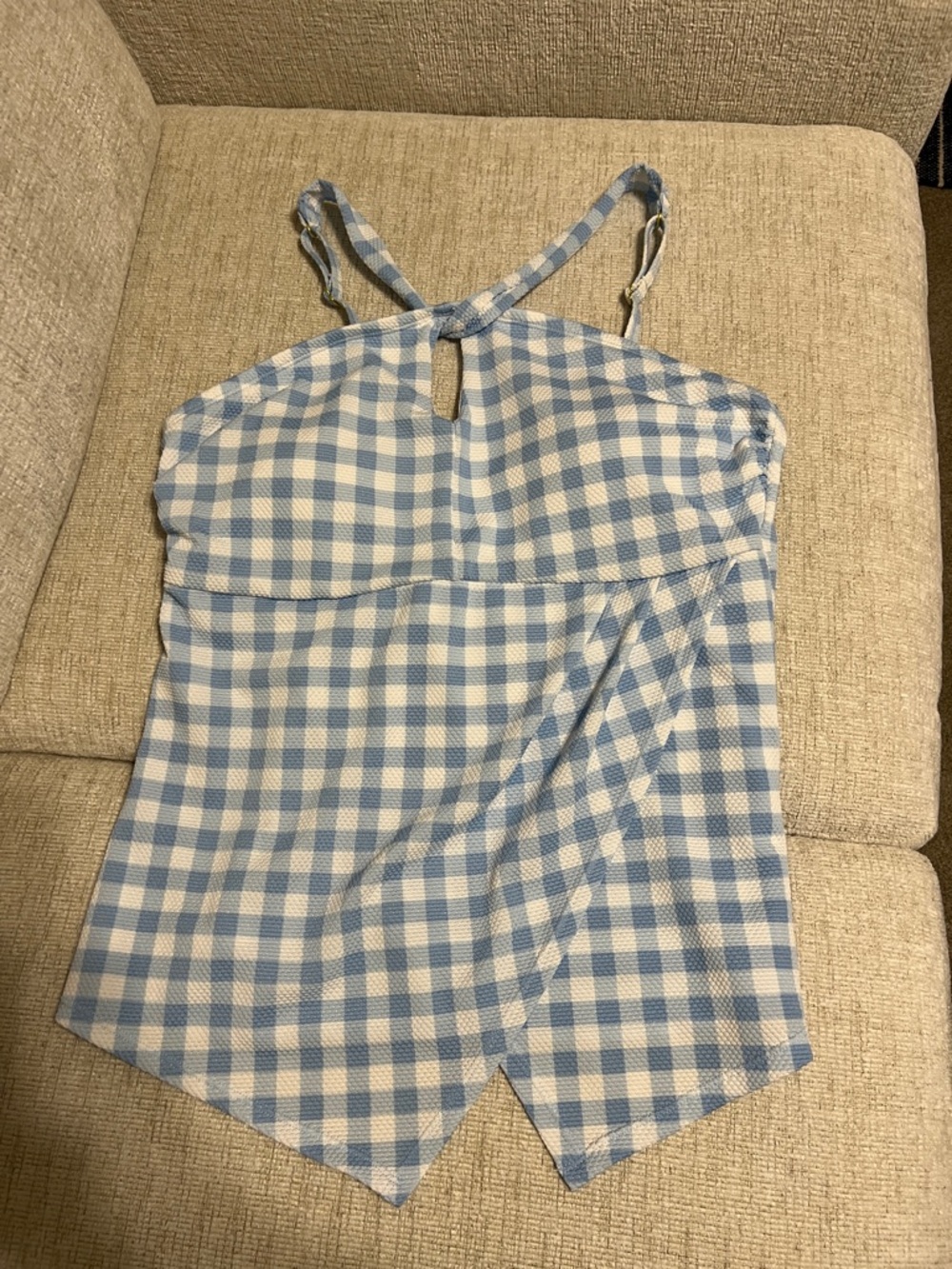 crown & ivy Light Blue and White Gingham Handkerchief Hem Halter Top